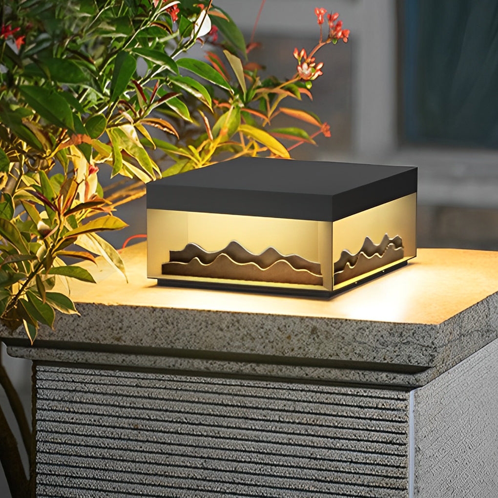 Mountain Scenery Black LED Modern Solar Fence Post Light