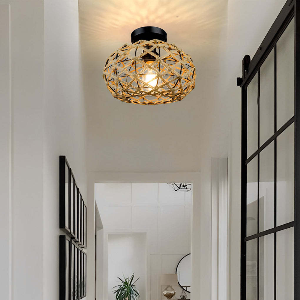Round Hand-Woven Cage Rope Beige Retro Pendant Chandelier