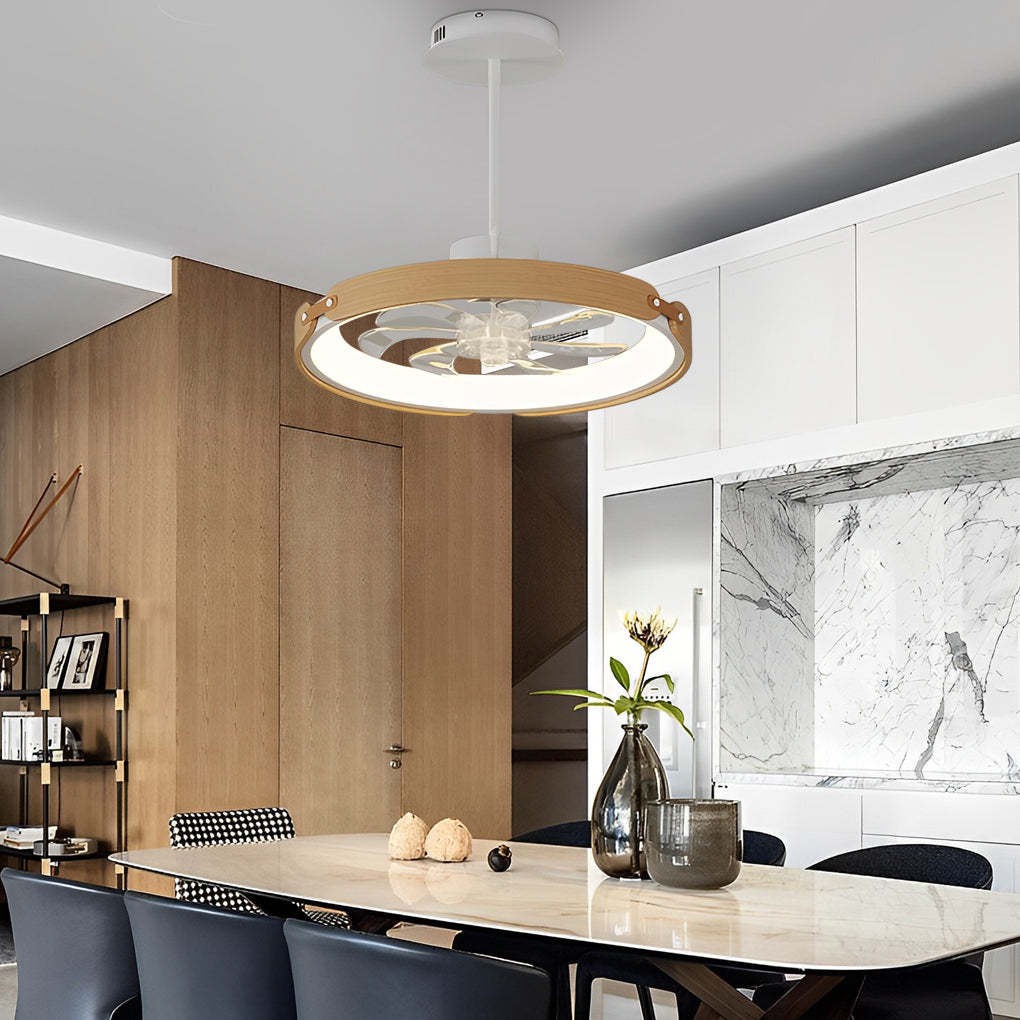 Round Wood LED 3 Step Dimming App Control Modern Bladeless Ceiling Fans-Lighom