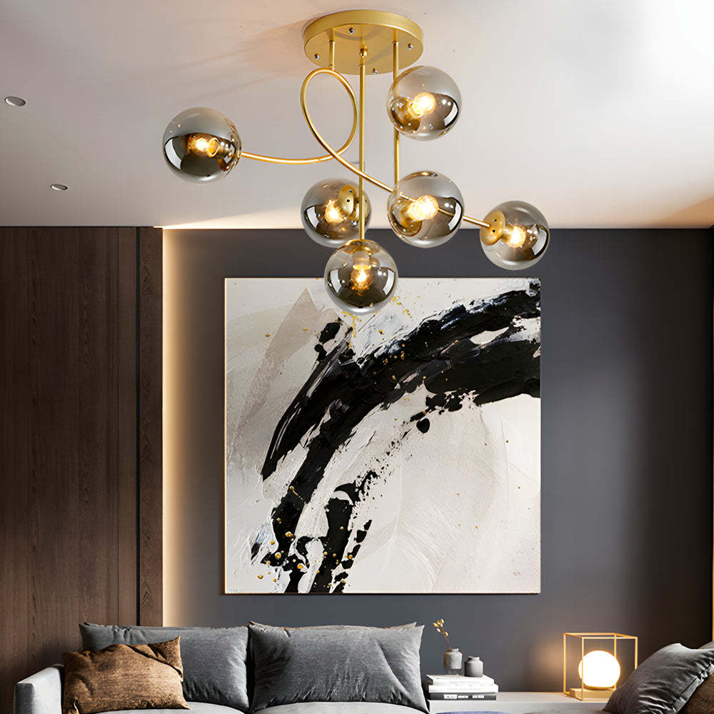 Gold Black Semi-Flush Chandelier with Glass Shade