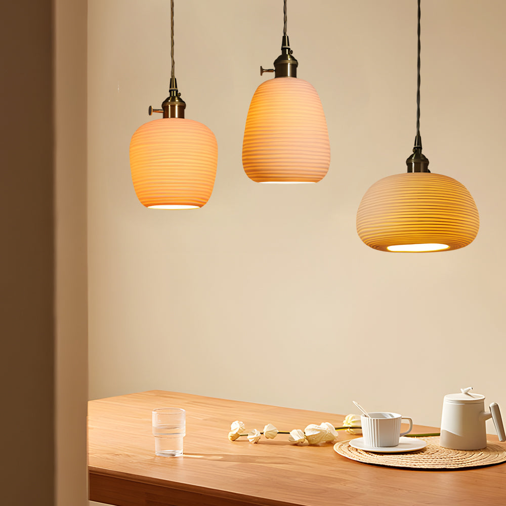 Round Striped Handmade Ceramic Brass Japanese Chandelier