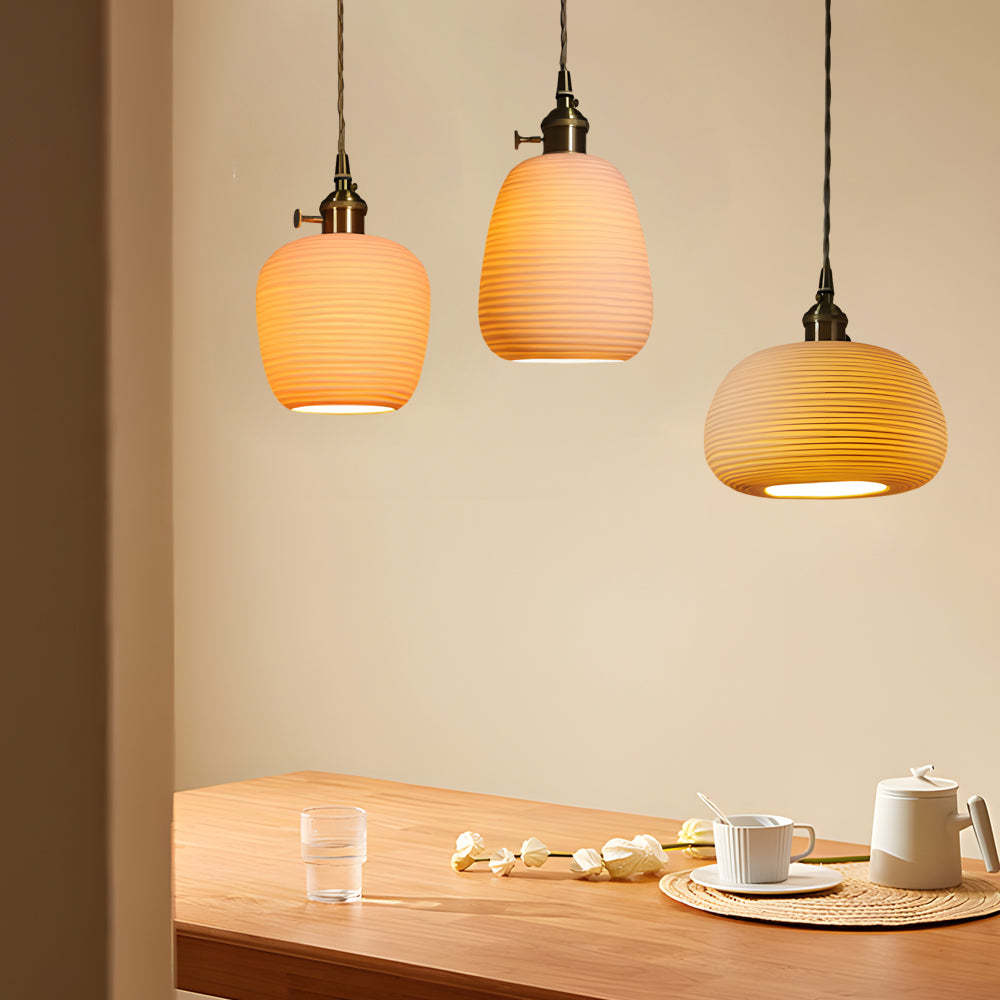 Round Striped Handmade Ceramic Brass Japanese Chandelier