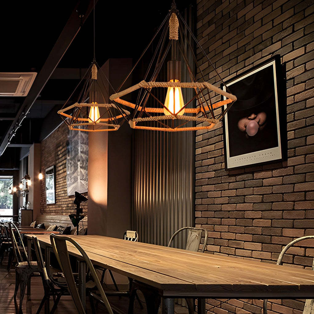 Geometric Iron Rope Lantern Black Rustic Pendant Chandelier