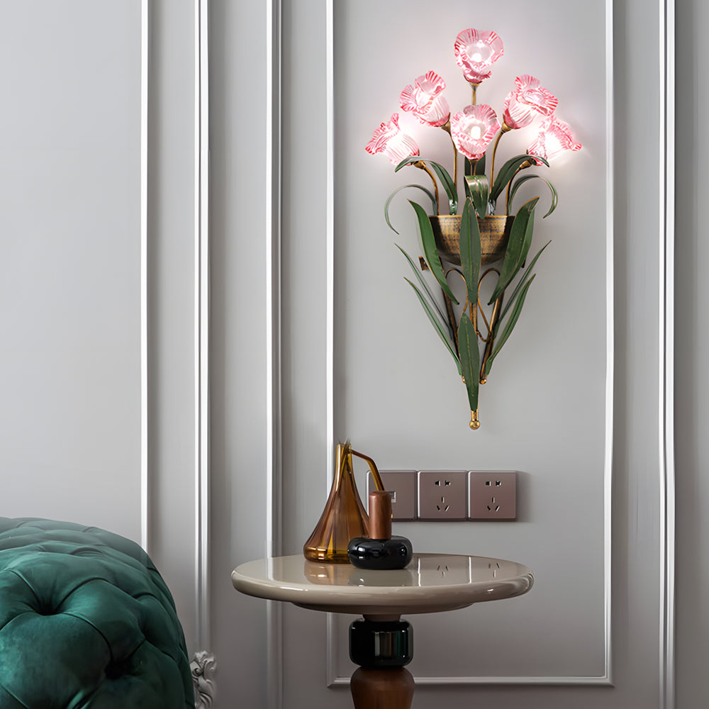 Bouquet Flowers Leaves White Light Pastoral American Style Wall Lamp-Lighom
