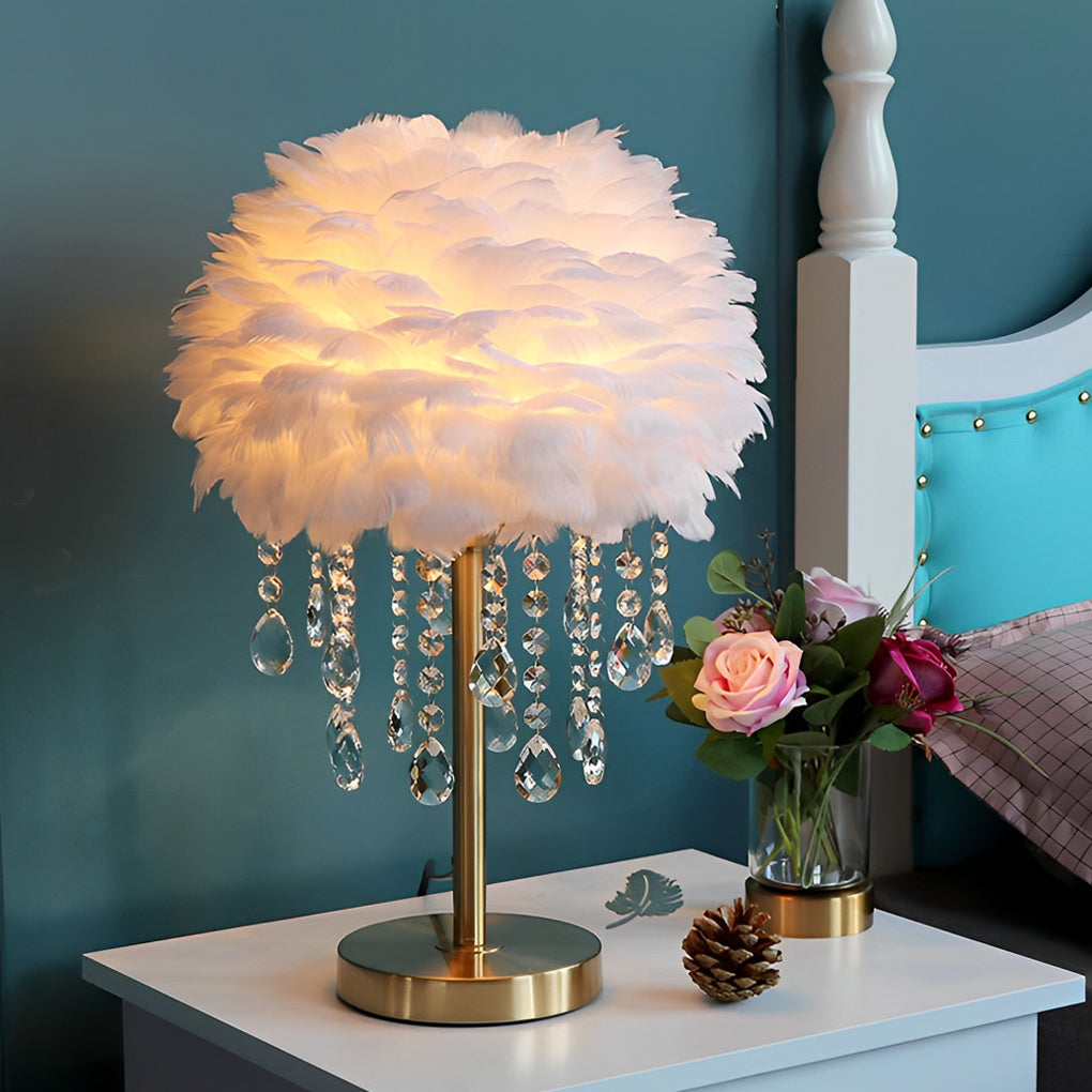 LED Feather Table Lamp with Ambient Crystal Tassels Lighting-Lighom