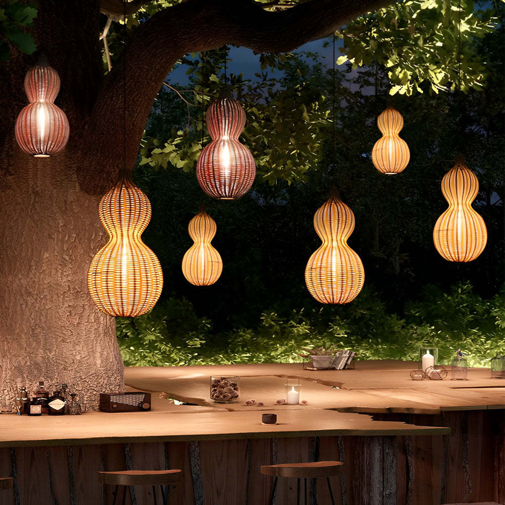 Woven Rattan Gourd Hanging Lamp Outdoor Pendant Light for Patio-Lighom