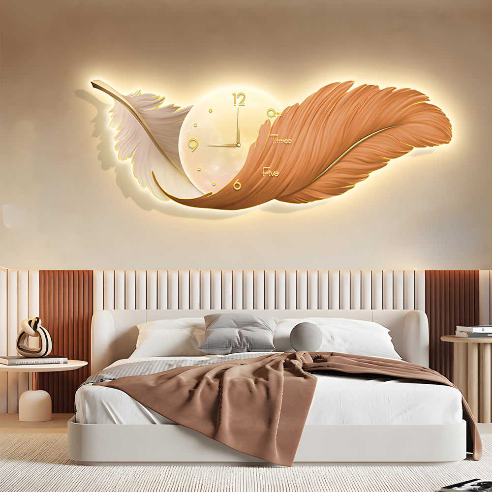 2-In-1 Wall Feather Painting Hanging Decor LED Wall Lamp Wall Clock-Lighom