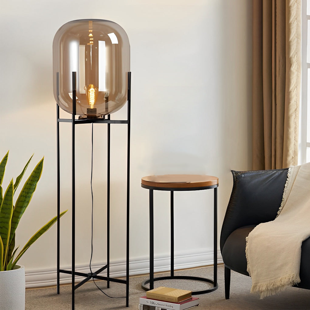 Industrial Standing Metal and Hand-blown Glass Floor Lamp-Lighom
