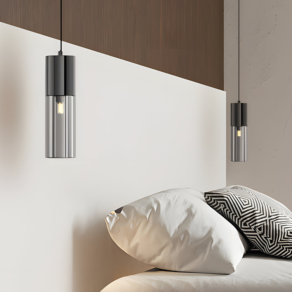 Small Cylinder Mirror Metal Smoke Gray Glass Pendant Light