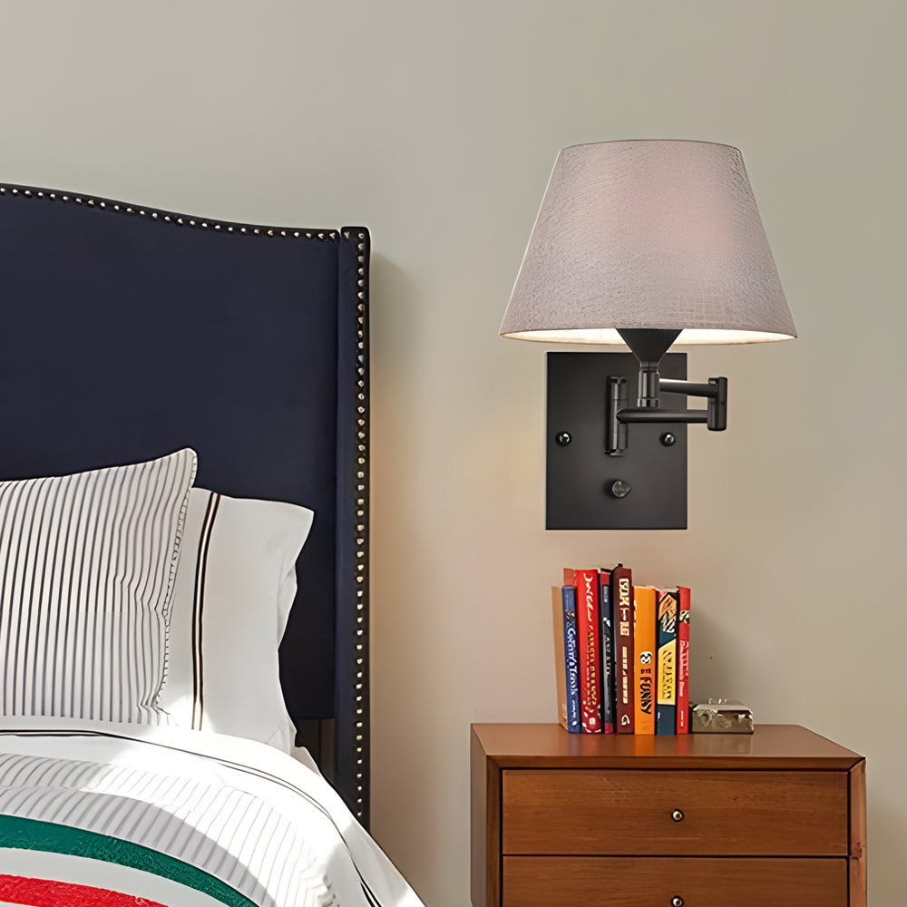 1-Light Linen/Brown/White Plug-In Swing Arm Wall Lamp with Linen Shade-Lighom
