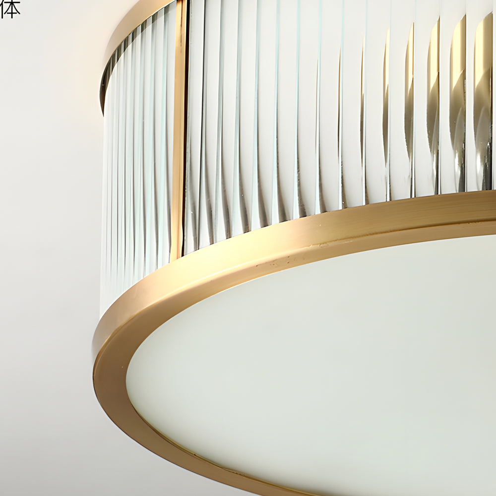 Drum Brass Clear Ribbed Glass Flush Mount Light