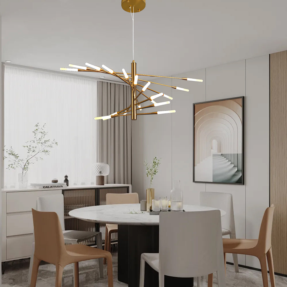 Modern rotating fireworks chandeliers in synthetic — Warm White (3000K) / Brushed Gold / 15-Light