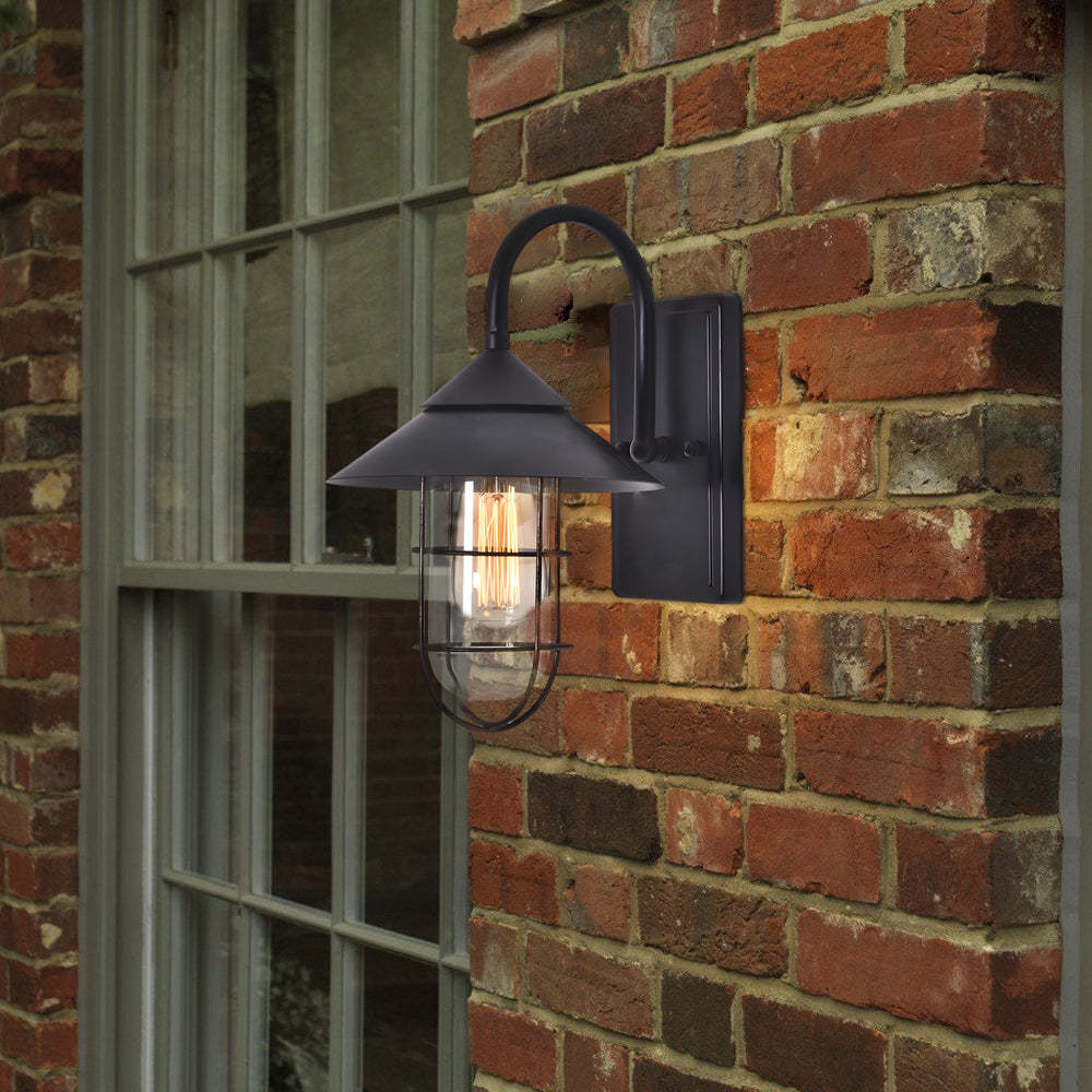 Retro Round Iron Glass Waterproof Motion Sensor Black Outdoor Wall Lights-Lighom