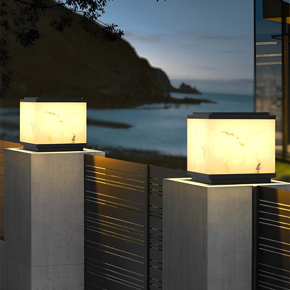 Square Marble LED Modern Solar Fence Post Light — Solar / Set of 2