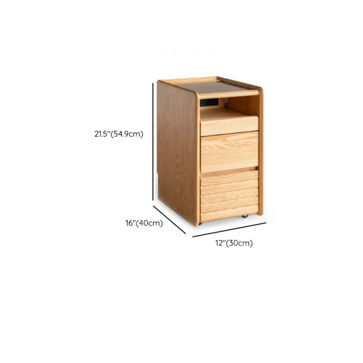 Scandinavian Glass Top Wood Nightstand with Shelf