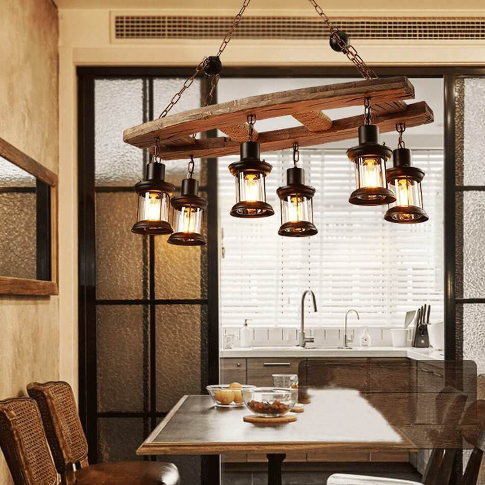 Retro Wooden 6-Light Lantern Chandelier — 220V-240V For UK/AU