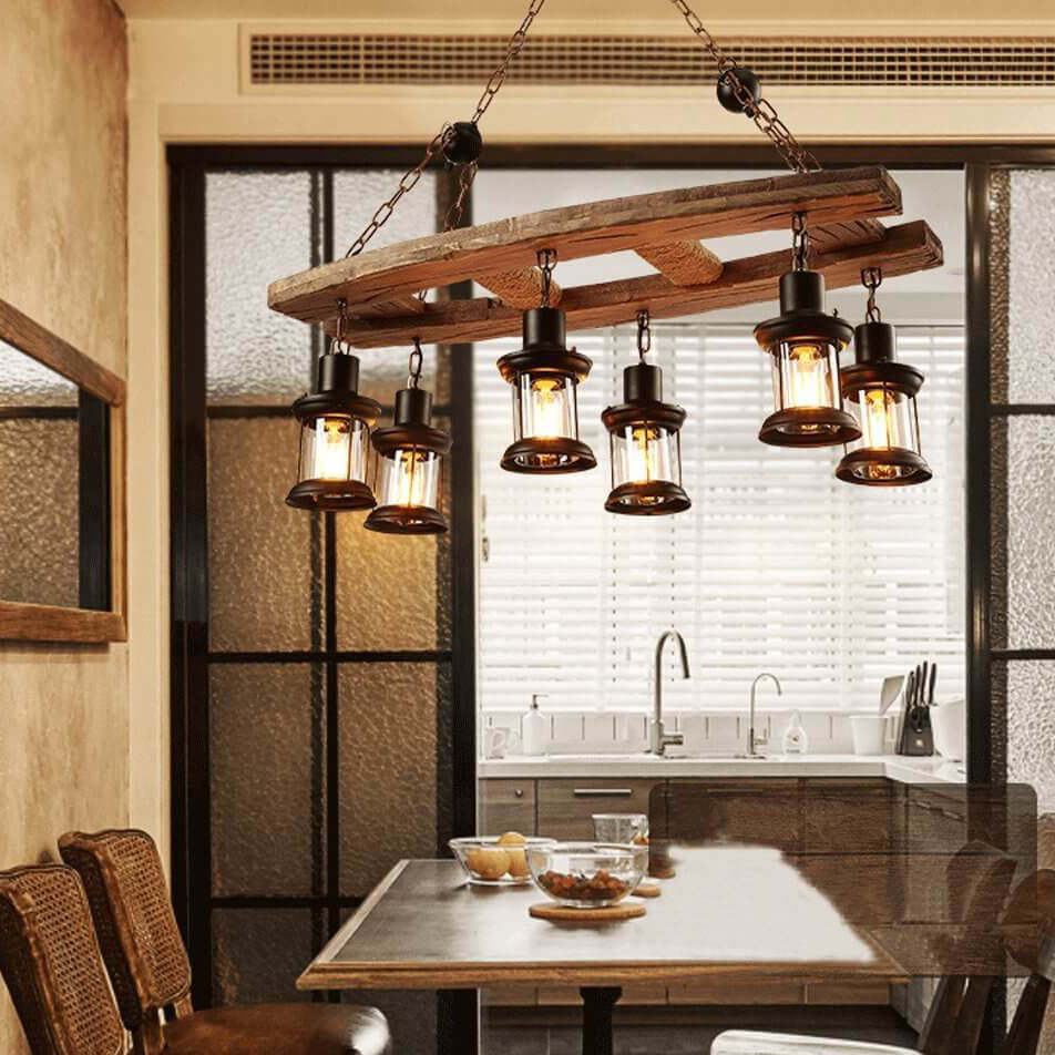Retro Wooden 6-Light Lantern Chandelier — 220V-240V For UK/AU