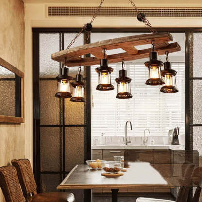 Retro Wooden 6-Light Lantern Chandelier — 220V-240V For UK/AU