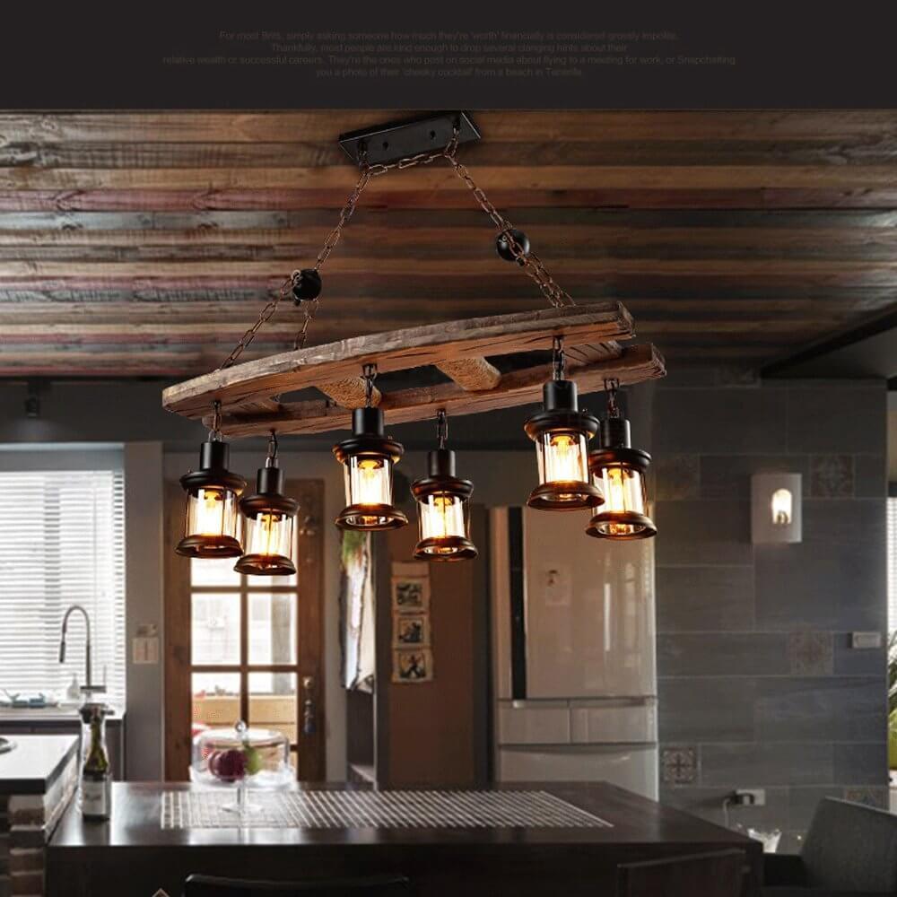 Retro Wooden 6-Light Lantern Chandelier