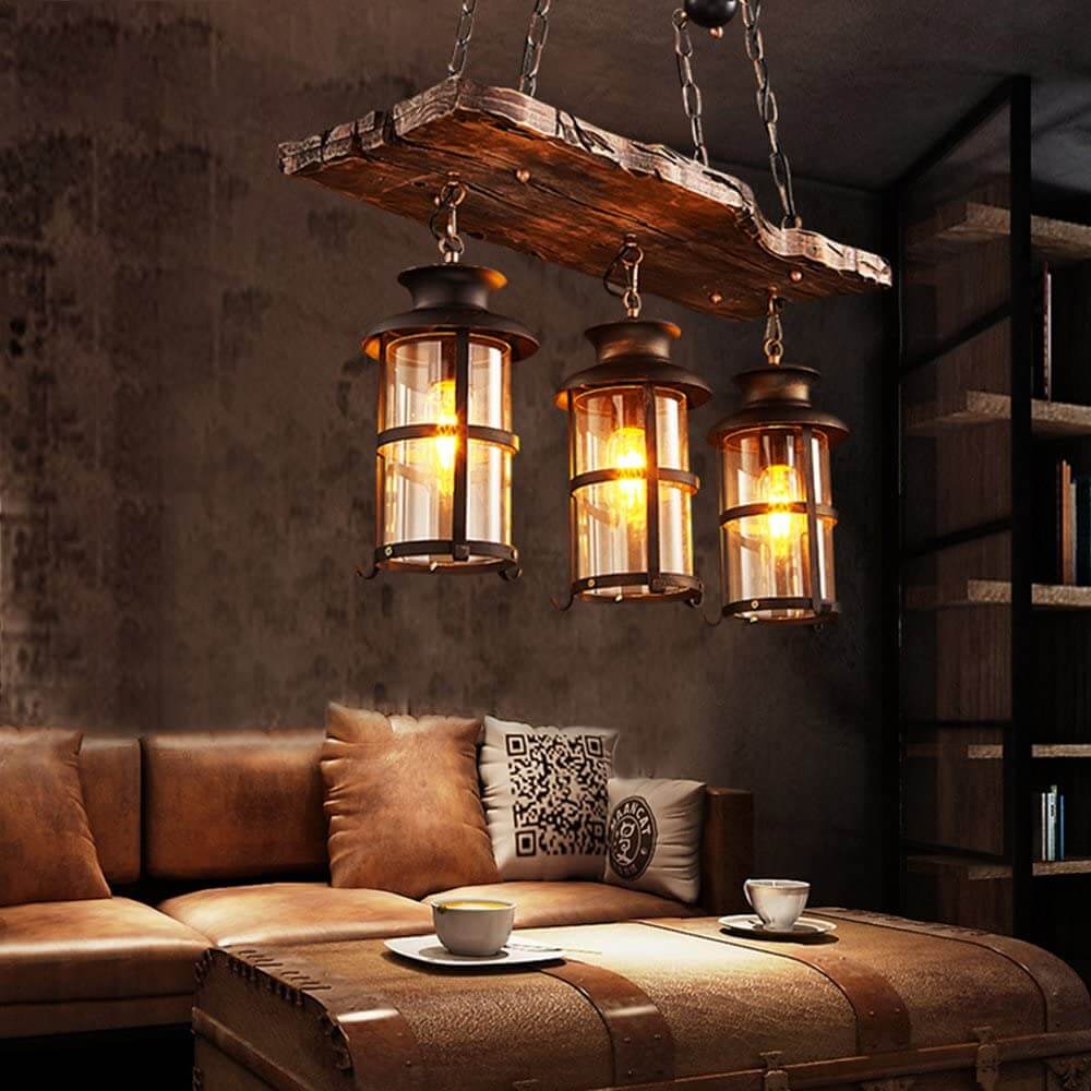Lighom industrial cage lantern wood chandeliers in metal — 220V-240V (UK/AU)
