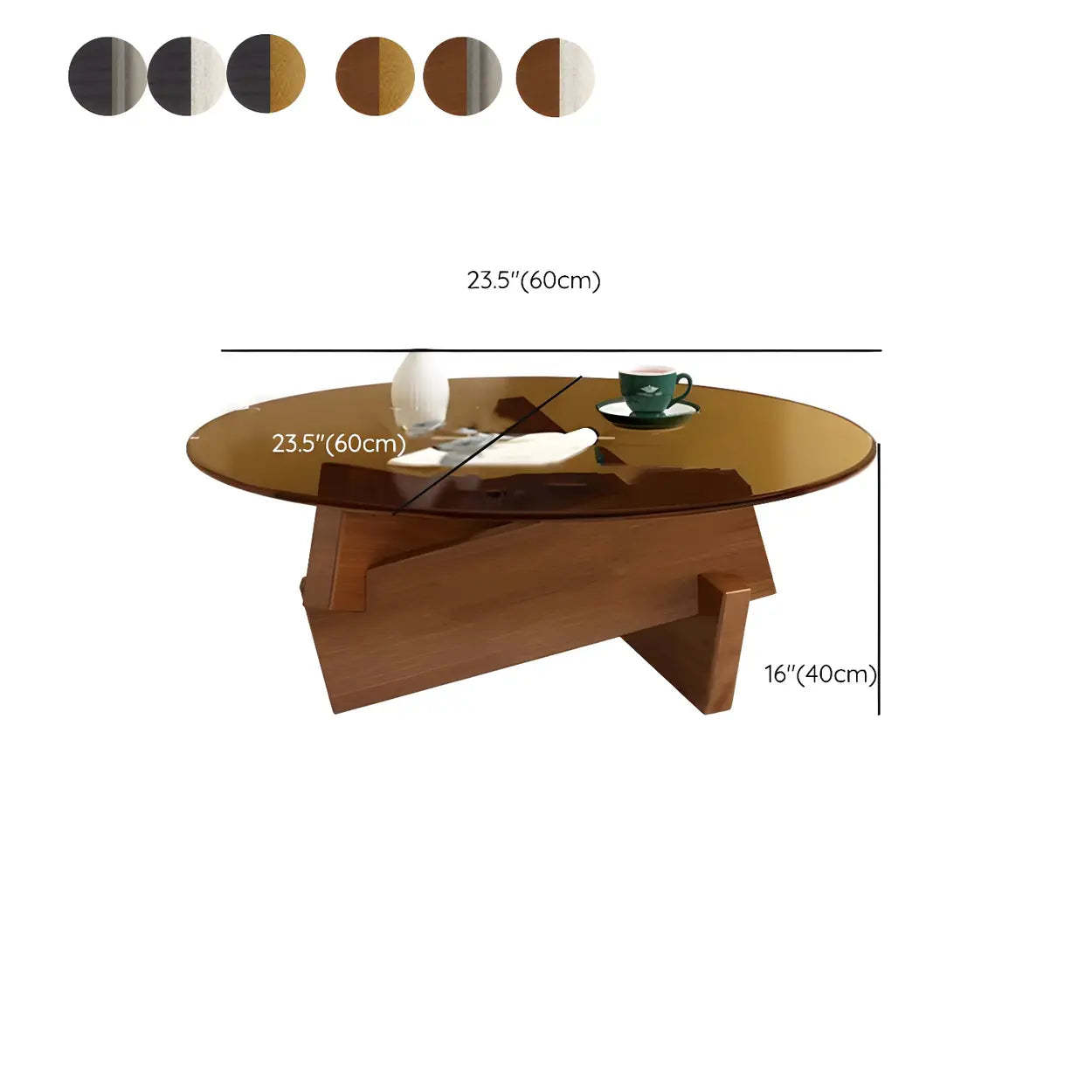 Round Glass Abstract Wood Base Coffee Table — Clear / Walnut