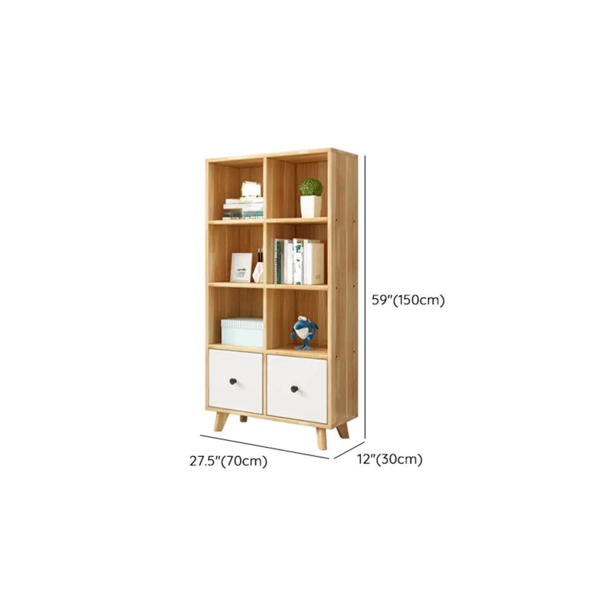 Stylish Natural Pine Wood Tall Bookcase with Drawers