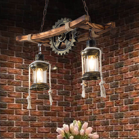 Vintage Industrial Wood Metal Island Chandelier