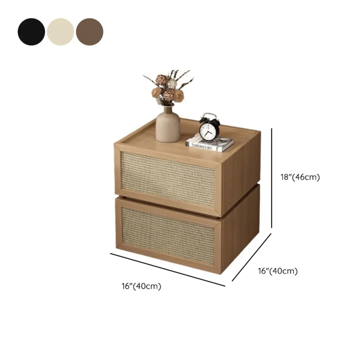Mid-Century Rattan Black Wood Nightstand with Drawers