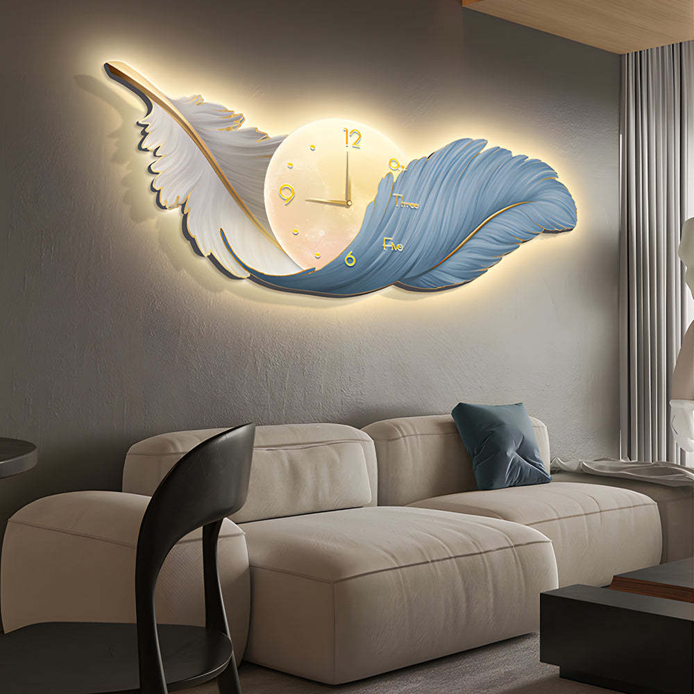 2-In-1 Wall Feather Painting Hanging Decor LED Wall Lamp Wall Clock-Lighom