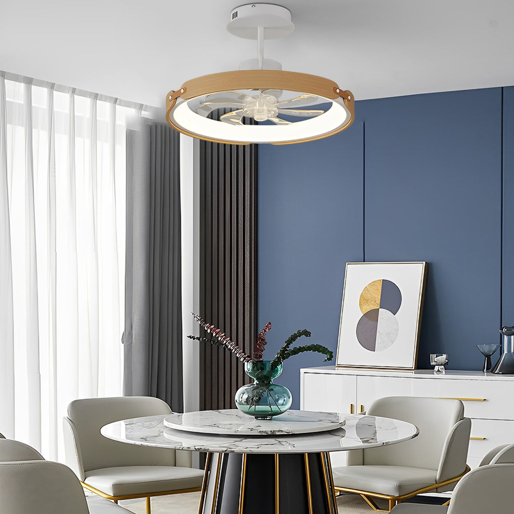 Round Wood LED 3 Step Dimming App Control Modern Bladeless Ceiling Fans-Lighom