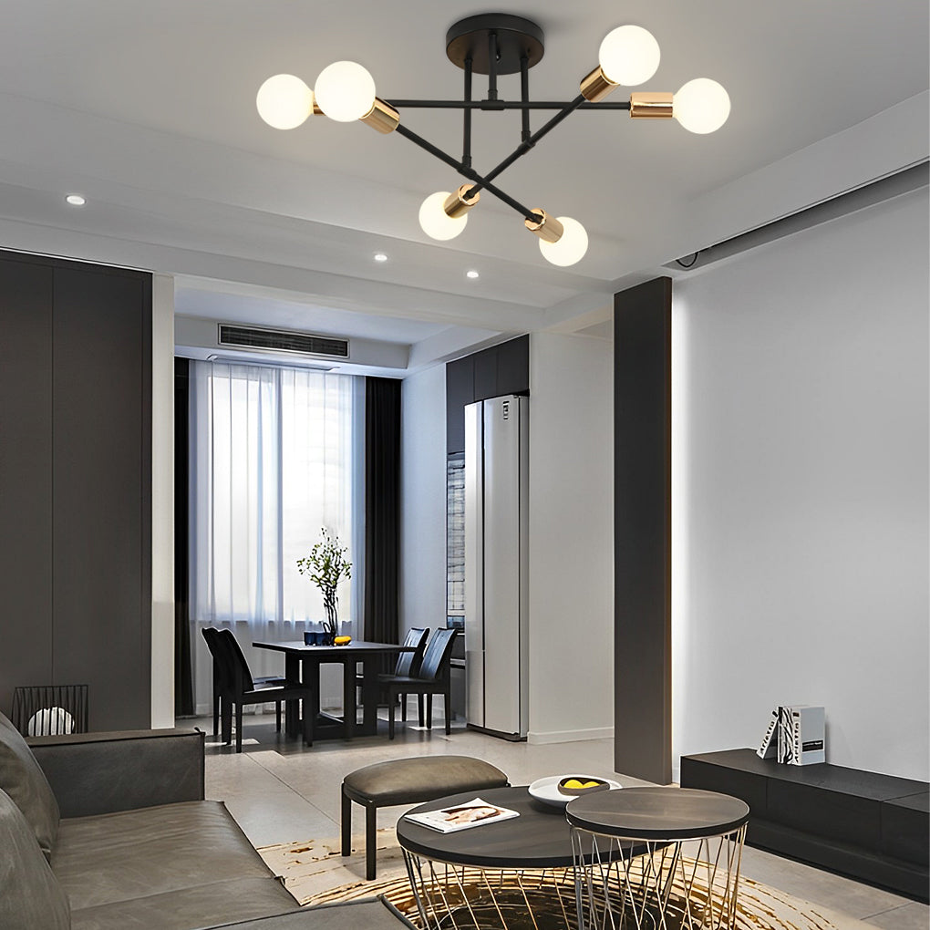 Black metal 6-light semi-flush mount light — White & Gold / Set of 2