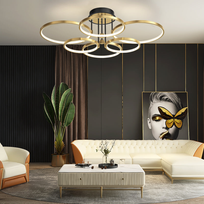 3/5/6-Ring Dimmable Gold Modern Leather Ceiling Light
