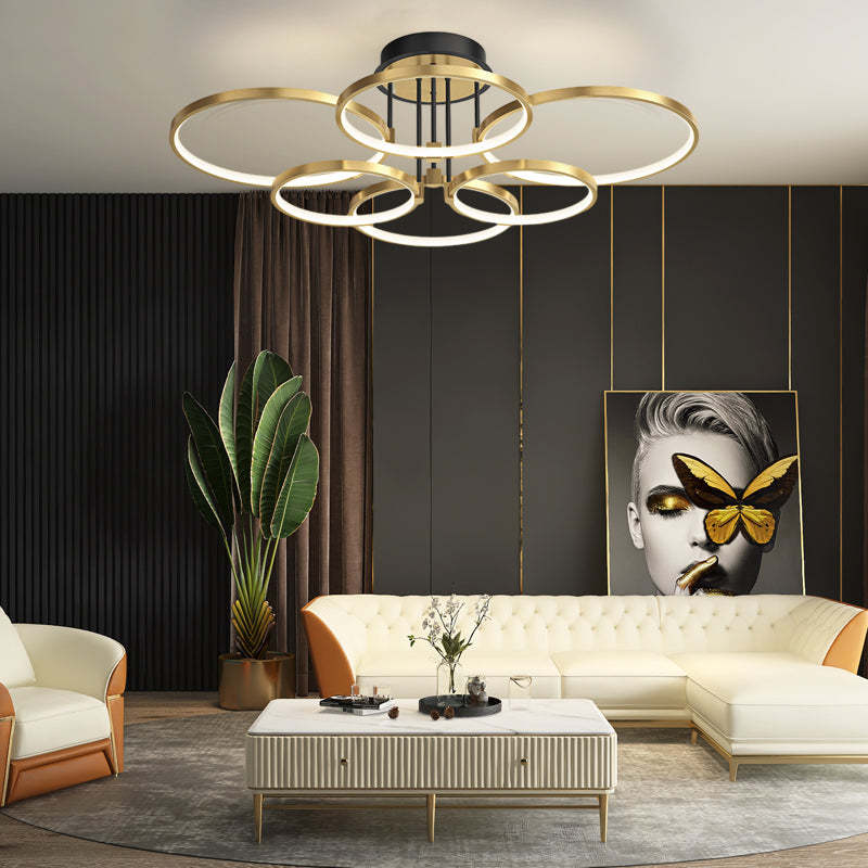 3/5/6-Ring Dimmable Gold Modern Leather Ceiling Light