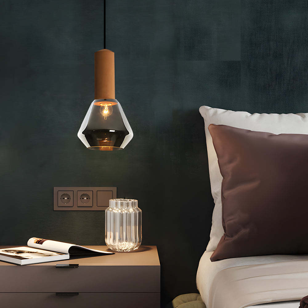Copper Glass Jar 1-Light Wood Cork Diamond Pendant Light