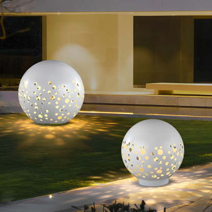 Waterproof Round Metal Hollow White Modern Outdoor Lanterns Lawn Lamp-Lighom