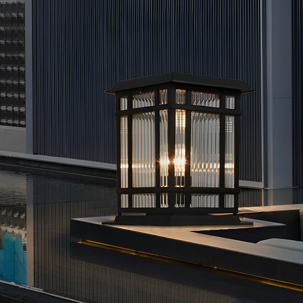 Black glass fence matte outdoor post lights - industrial — With Grid / Set of 2