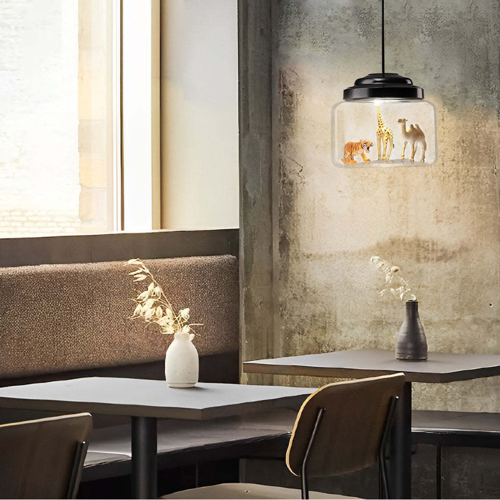 Animal Decor Glass Jar LED Black Modern Pendant Light — Bear+Zebra+Panda / Warm White
