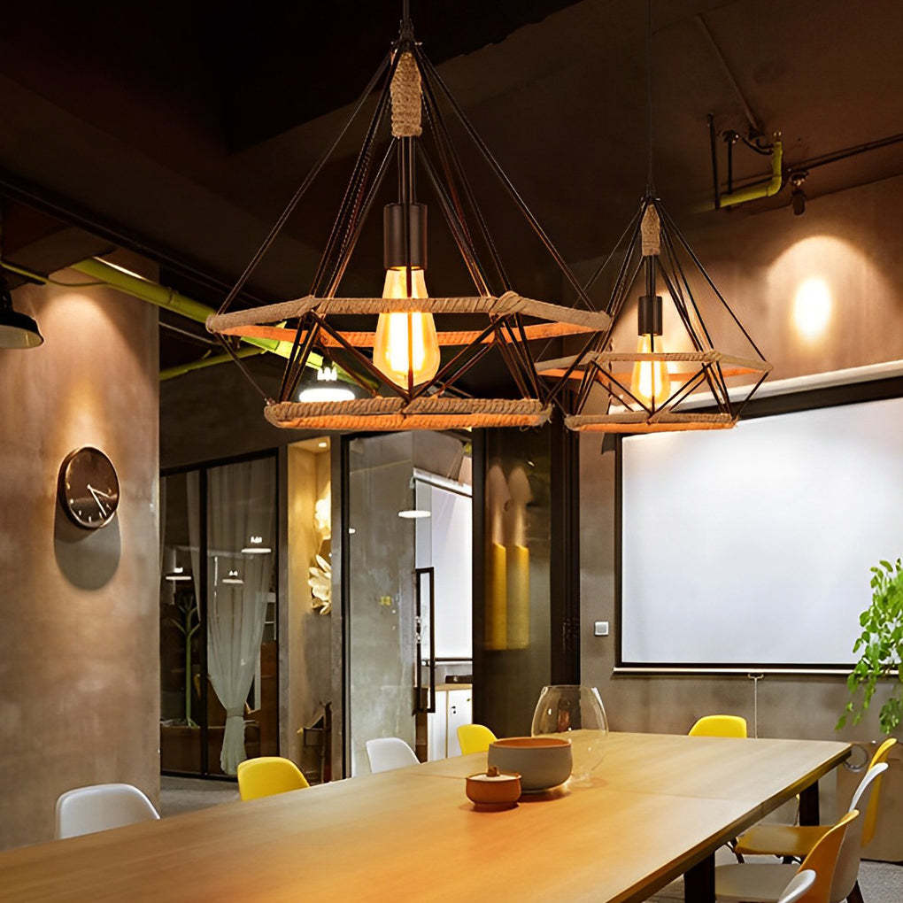 Geometric Iron Rope Lantern Black Rustic Pendant Chandelier