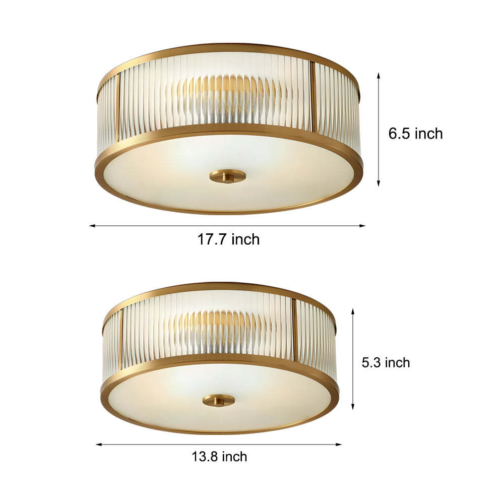Drum Brass Clear Ribbed Glass Flush Mount Light