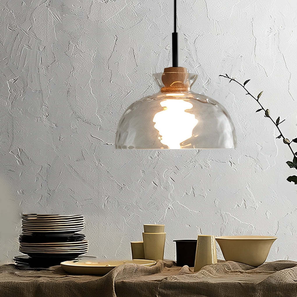 Round Glass Wood Japanese Mini Pendant