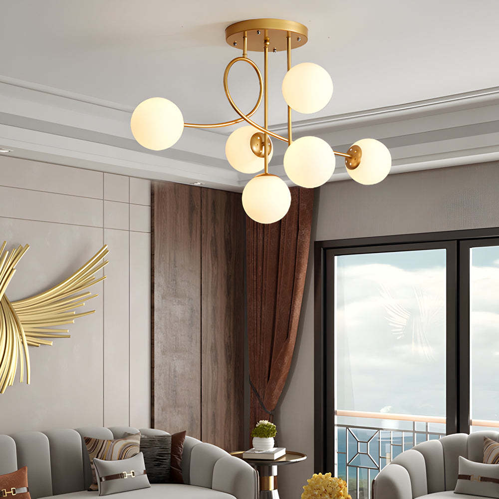 Gold Black Semi-Flush Chandelier with Glass Shade