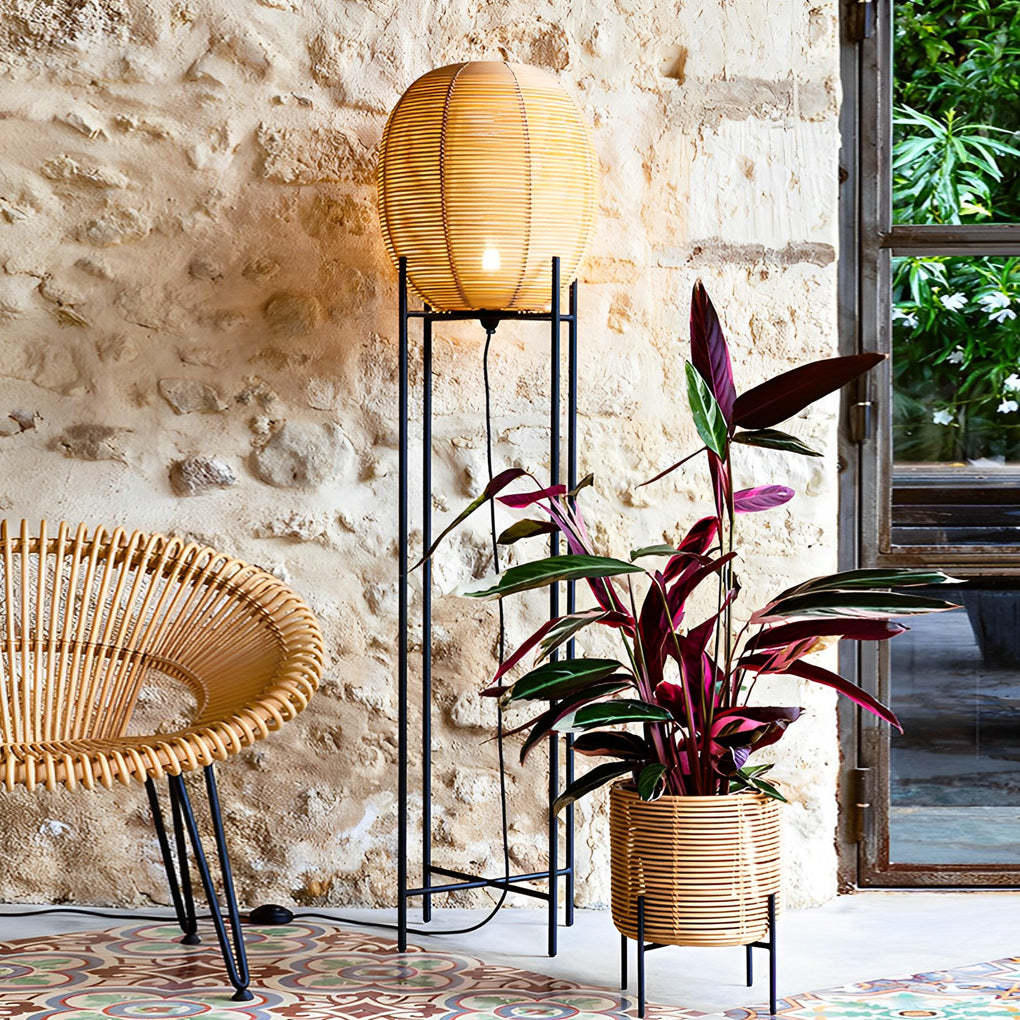 Rustic Boho Rattan and Metal Frame Accent Floor Lamp-Lighom