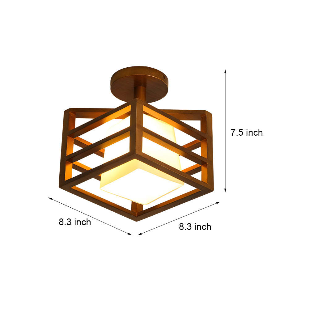 Square Walnut Wood Frame Semi-Flush Ceiling Light