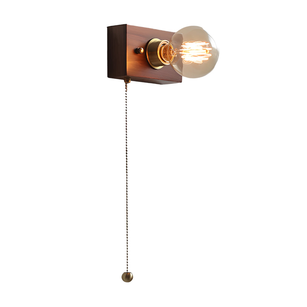 Round/Square Vintage Walnut Wood Wall Lamp 1-light with Pull Chain Switch-Lighom