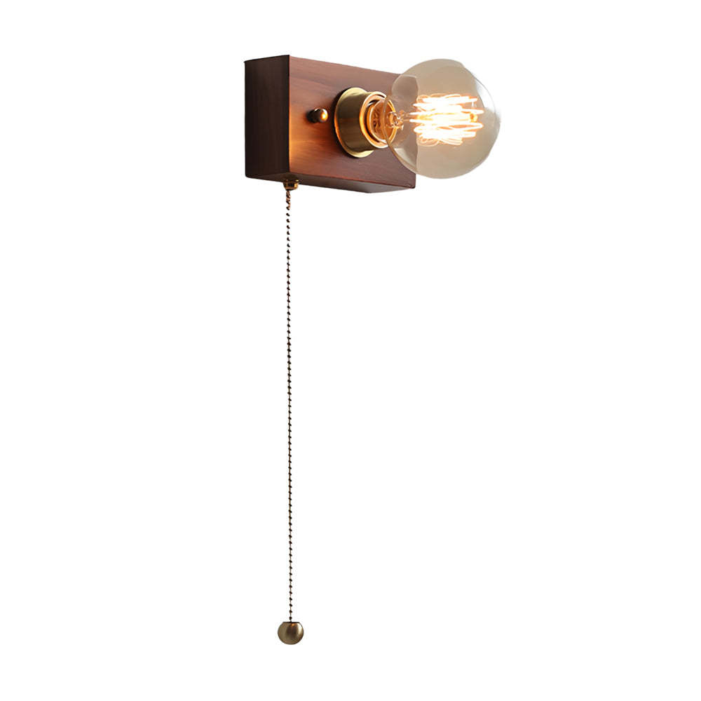 Round/Square Vintage Walnut Wood Wall Lamp 1-light with Pull Chain Switch-Lighom