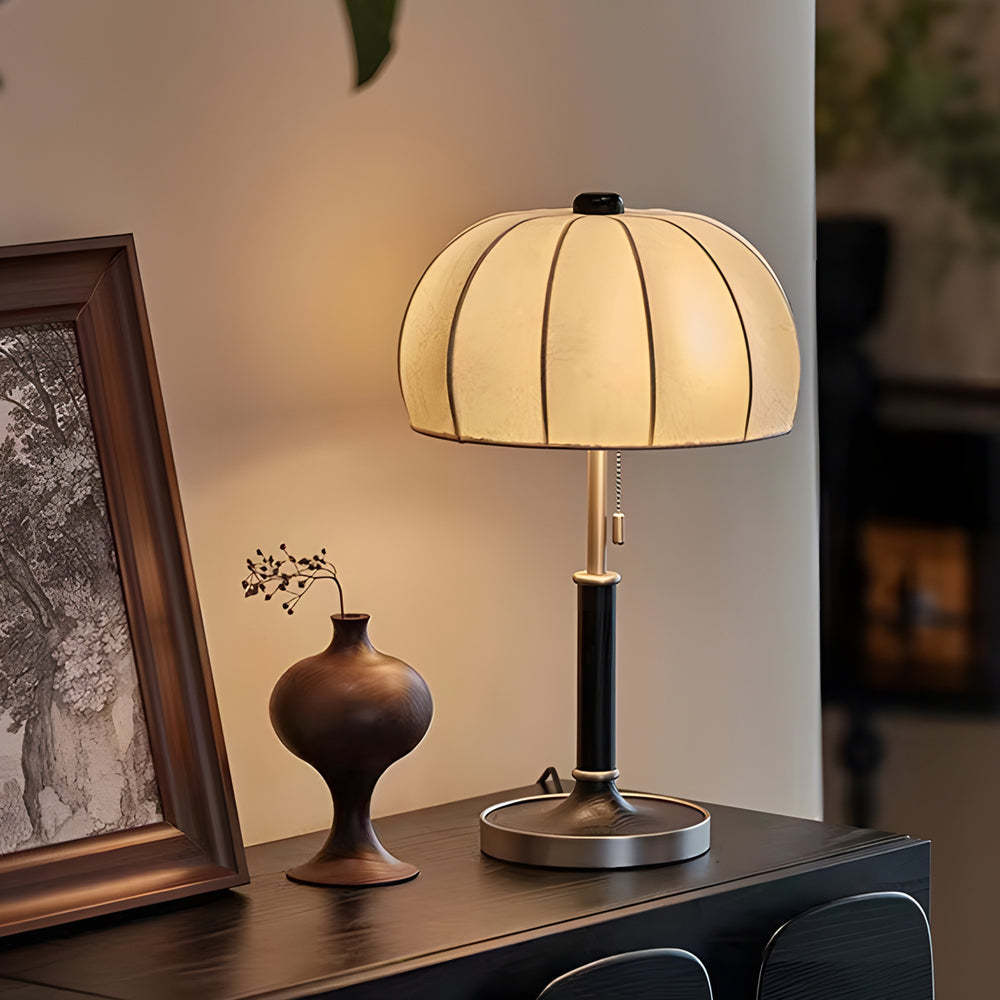 Retro Brass Dome Fabric Table Lamp Pull Chain Bedroom Lamp-Lighom