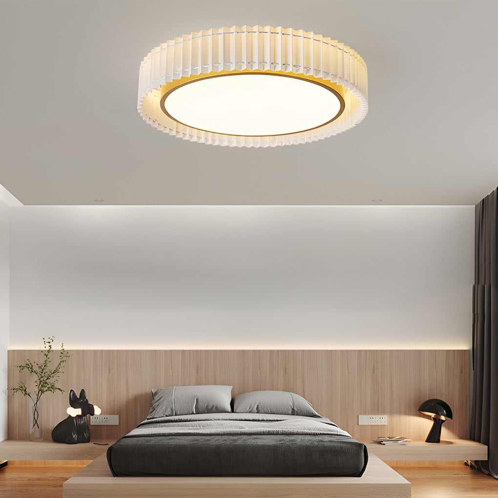 Leather circular pleated flush mount lighting in metal — 20" Diameter / Flush Mount Lamp