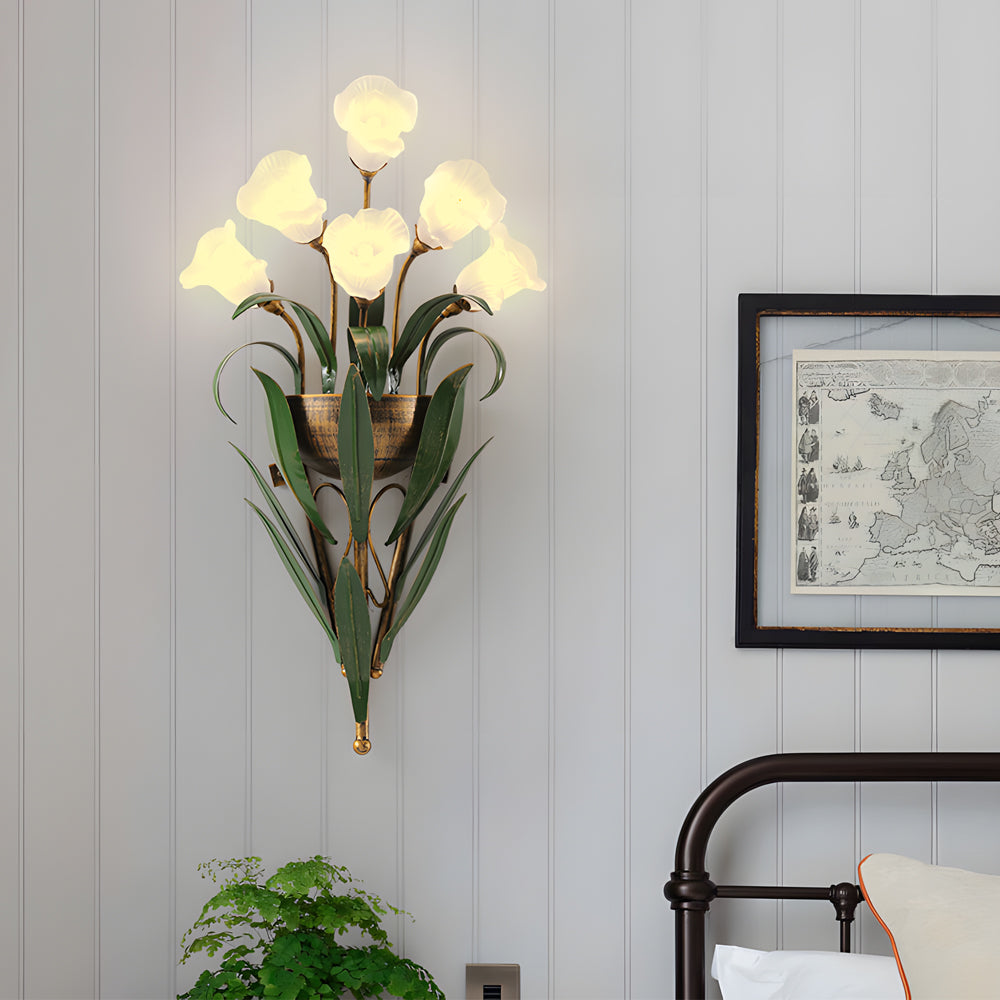 Bouquet Flowers Leaves White Light Pastoral American Style Wall Lamp-Lighom