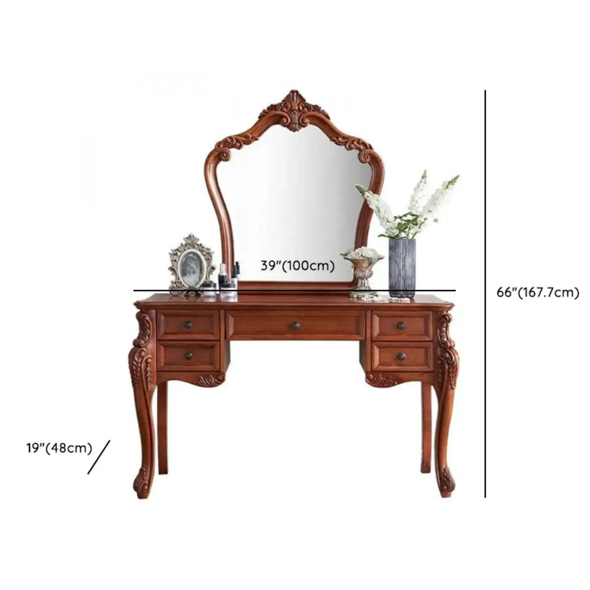 Vintage Carved Brown Wood 4-Drawer Vanity