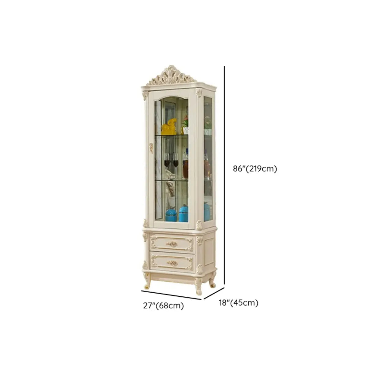 Freestanding White Wooden Glass Carved Wine Cabinet #size
